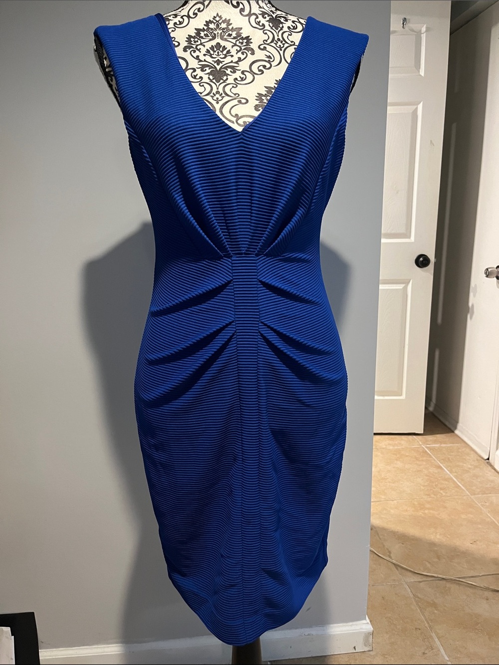 Express Cobalt Blue Ribbed V-Neck Midi Dress